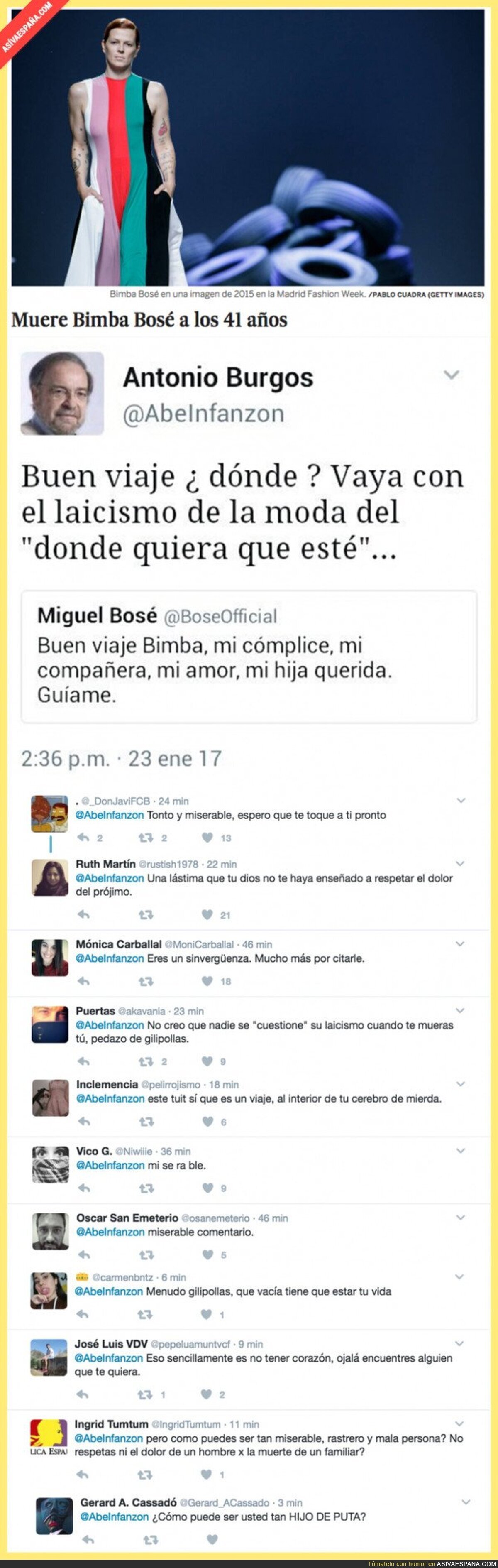 El miserable tuit de Antonio Burgos citando a Miguel Bosé sobre la muerte de Bimba Bosé