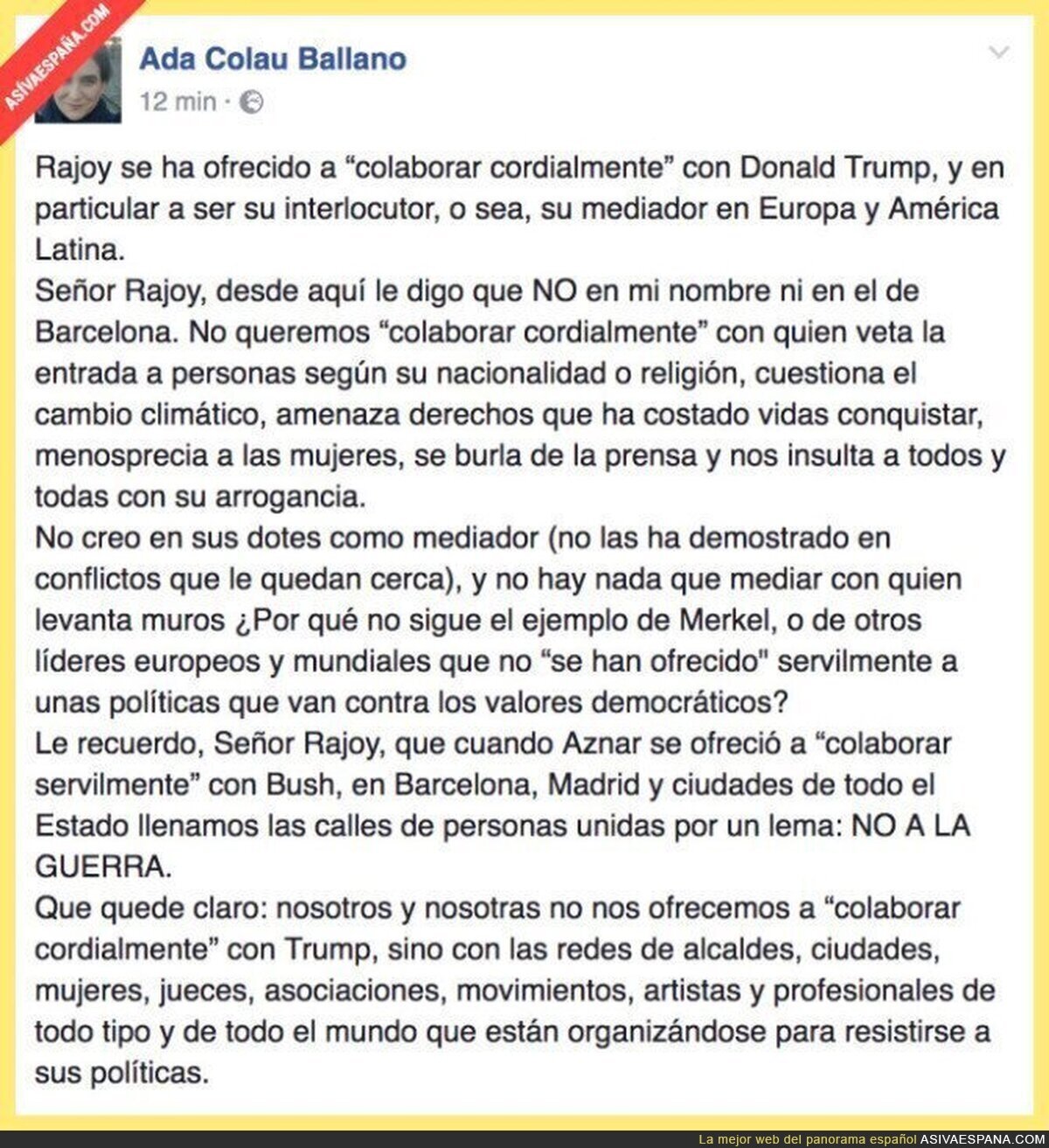 El mensaje crítico de Ada Colau contra Rajoy por querer ser el interlocutor de Trump en Europa