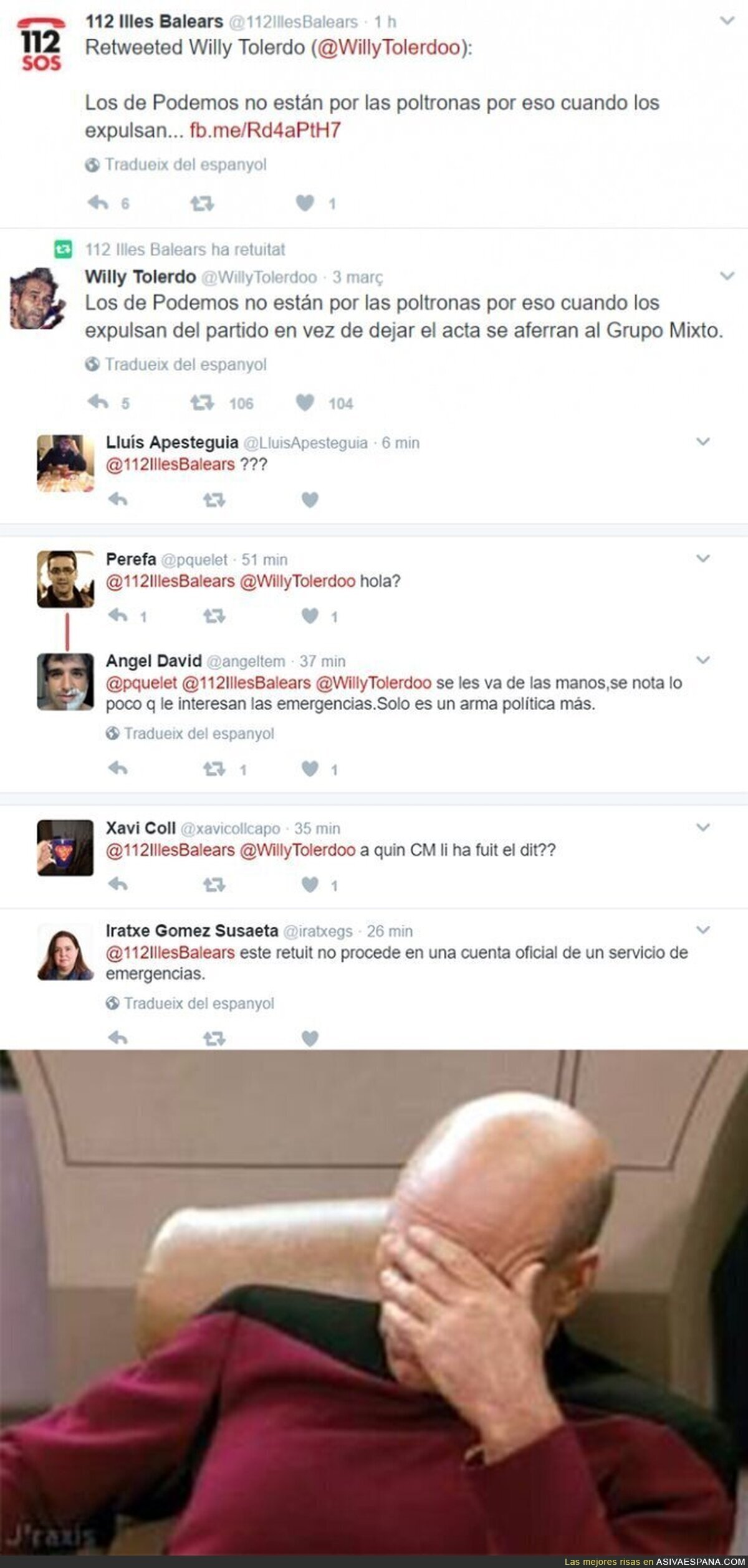 Los del 112 en Baleares muestran su odio contra Podemos retuiteando este mensaje