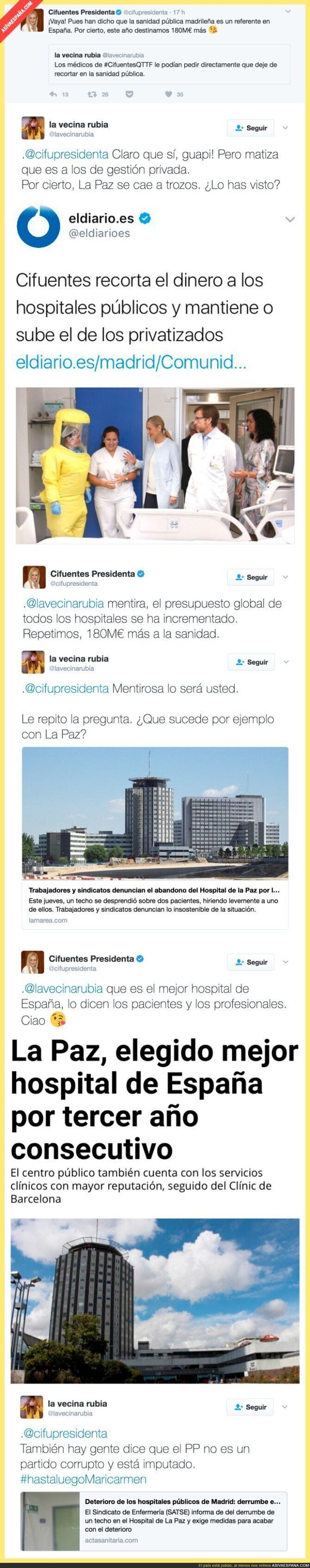 El CM de Cifuentes y 'lavecinarubia' se vuelven a ver las caras en Twitter por la sanidad