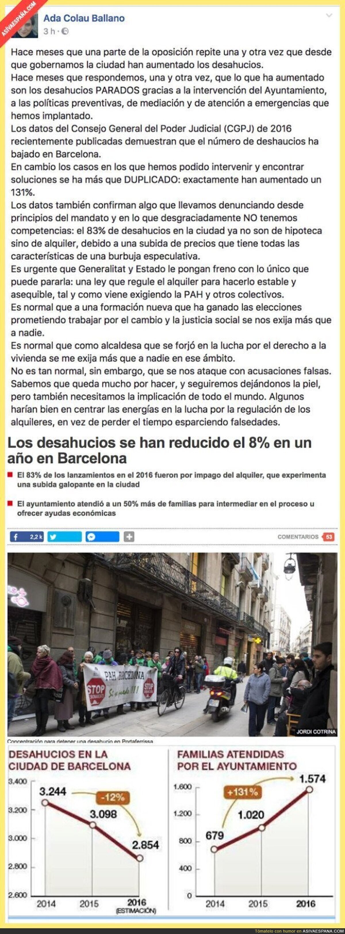 Ada Colau explica como en Barcelona han disminuido los desahucios desde que ella gobierna