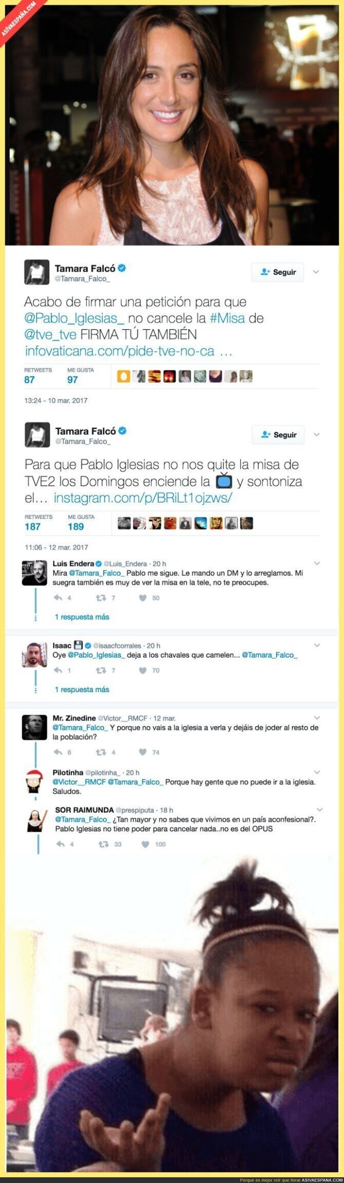 Tamara Falcó la lía en Twitter firmando para que Pablo Iglesias no elimine la Misa de La 2