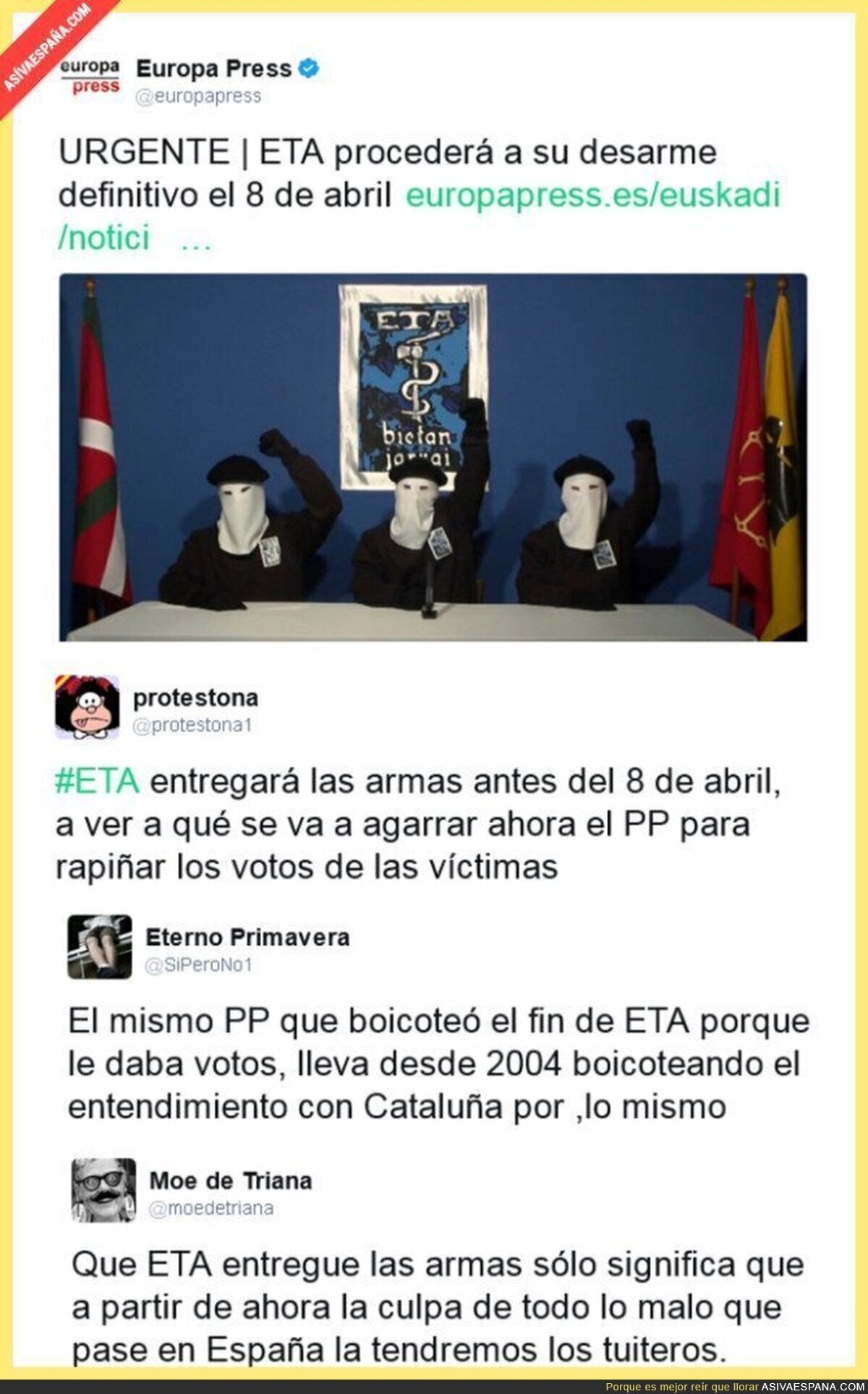 ETA anuncia su desarme definitivo y Twitter reacciona