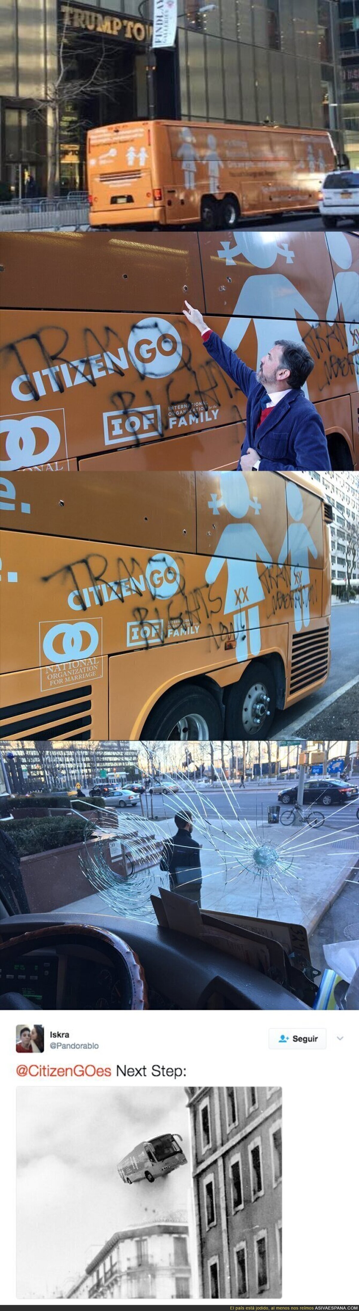 OJO: Así ha terminado el autobús de 'HazteOír' con mensajes transfóbicos en su viaje a Nueva York