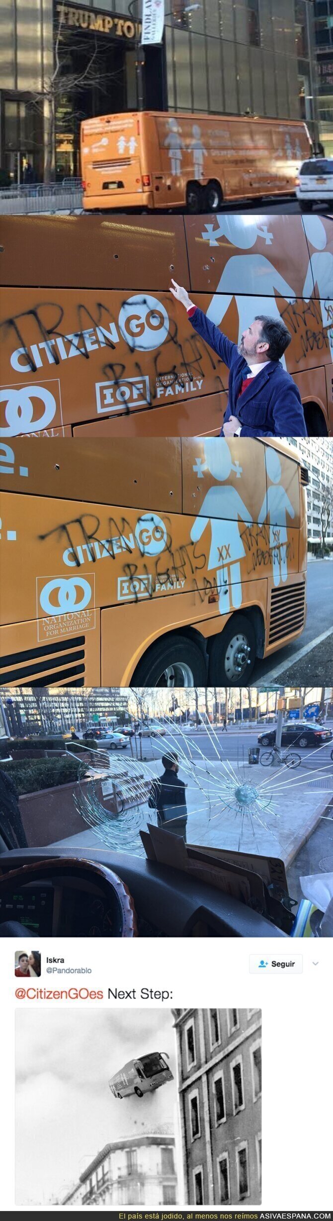 OJO: Así ha terminado el autobús de 'HazteOír' con mensajes transfóbicos en su viaje a Nueva York