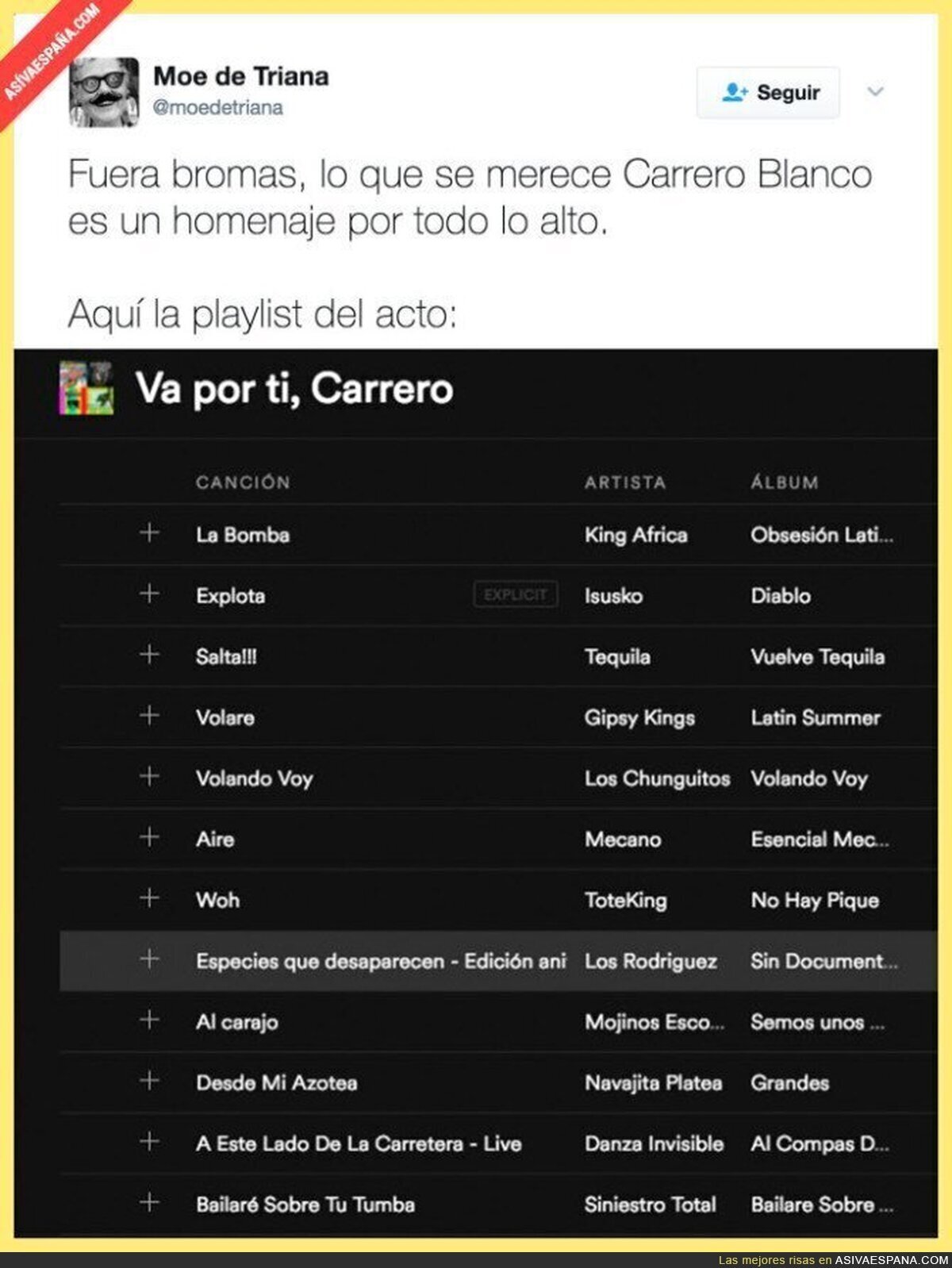 Crean en Spotify una lista de reproducción llamada "Va por ti, Carrero" y estas son las canciones