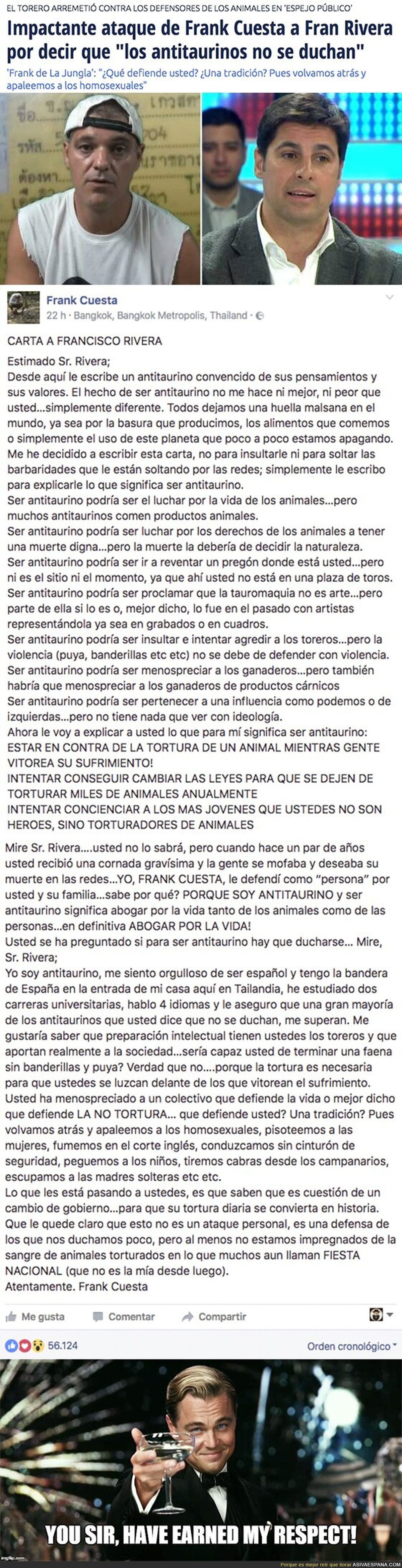 La BRUTAL carta de Frank Cuesta a Fran Rivera tras decir que los antitaurinos "no se duchan"