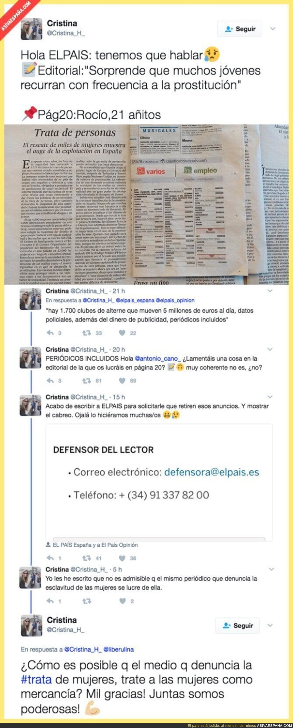 "El País" denuncia la prostitución en un artículo y encuentran esto en el interior del periódico