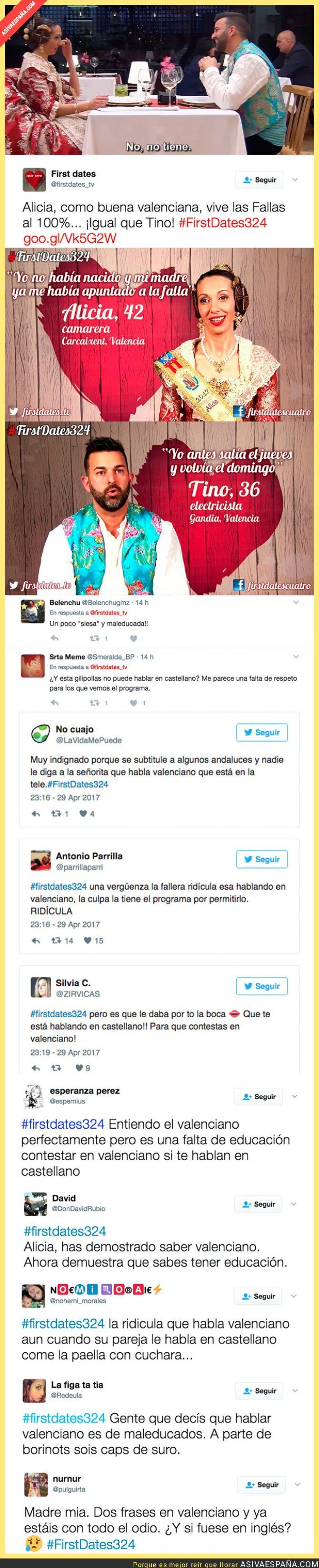 Los insultos en Twitter a una mujer que fue a 'First Dates' porque hablaba en valenciano