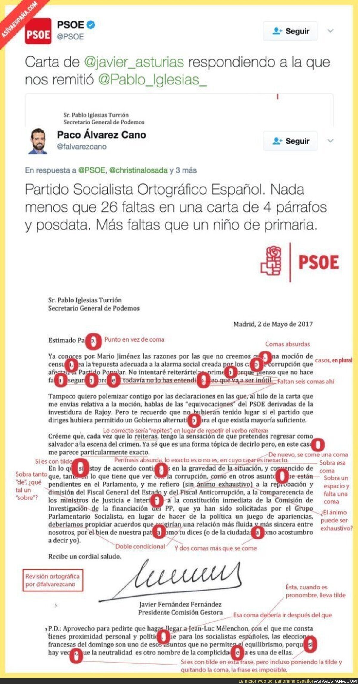 Corrigen la carta de Javier Fernández (PSOE) a Pablo Iglesias y encuentran todos estos errores