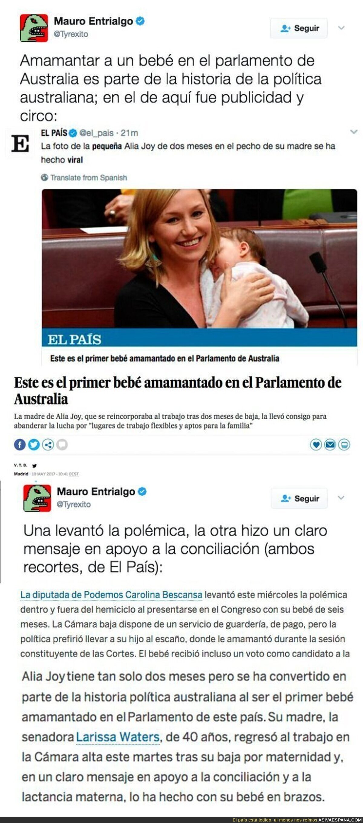 El País queda retratado cuando la madre que lleva a su bebé al trabajo es de Australia o de Podemos