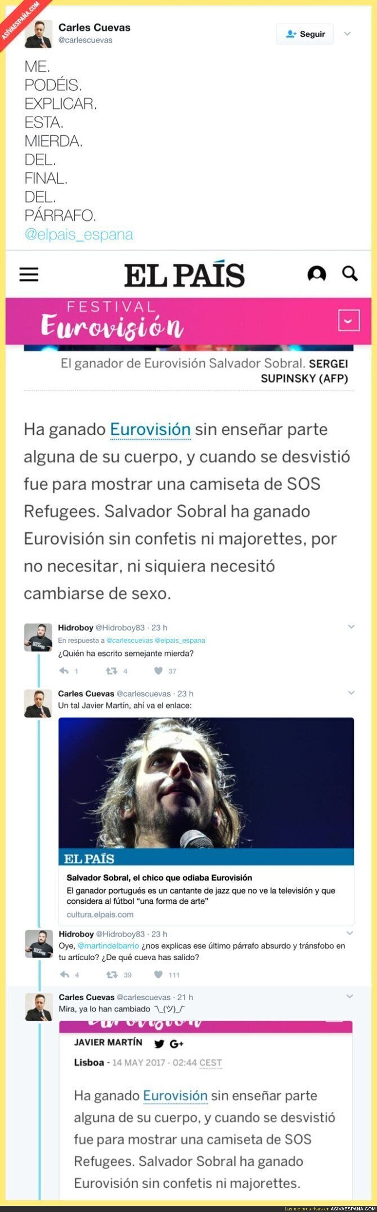 El lamentable párrafo transfóbico en este artículo de "El País" sobre el ganador de Eurovisión
