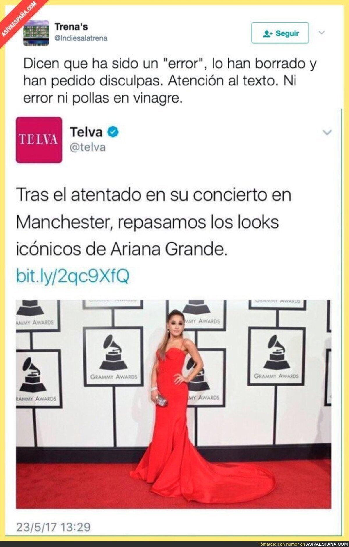 El polémico tuit de la revista TELVA aprovechando el atentado en el concierto de Ariana Grande