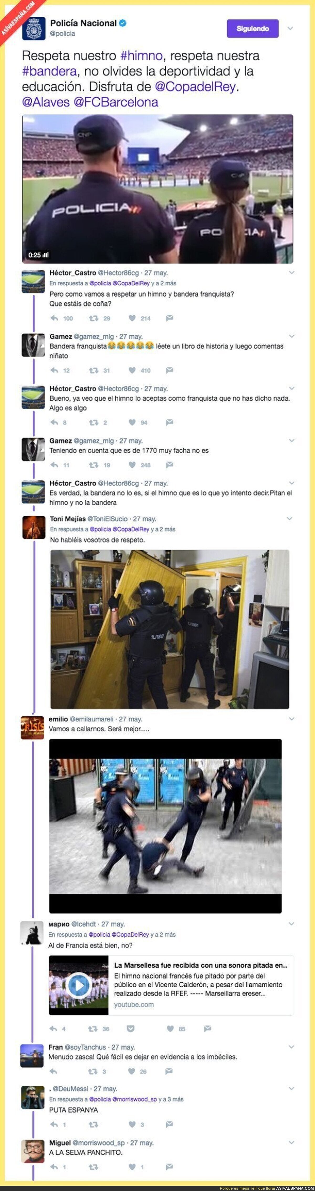La policía la lía en Twitter con este mensaje durante la pitada al himno español