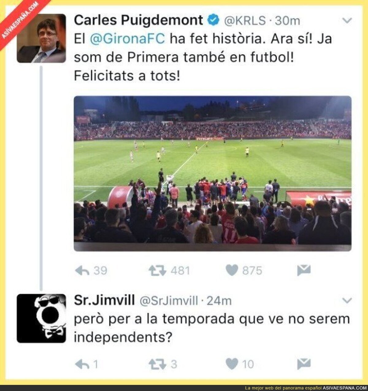 Puigdemont felicita al Girona por subir a primera y le recuerdan algo