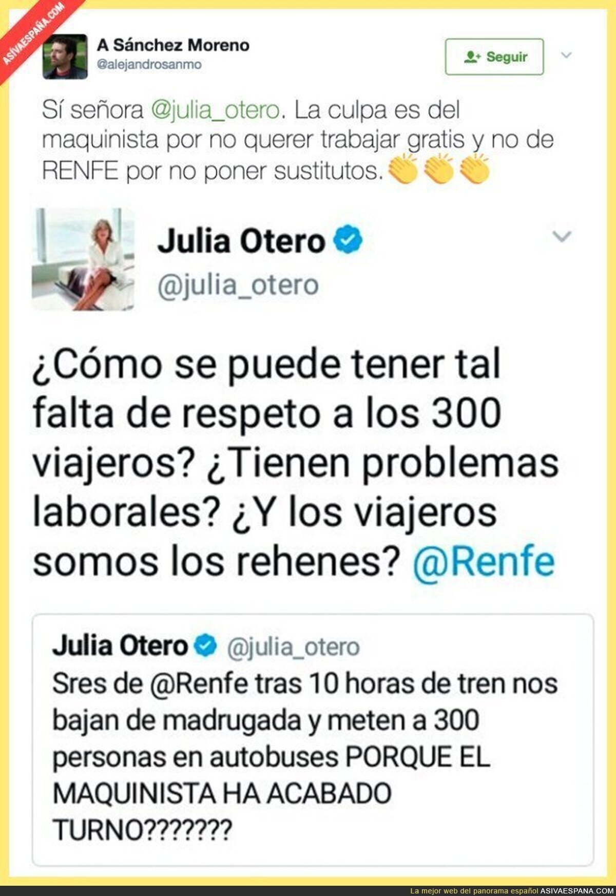 Julia Otero criminalizando a los maquinistas de RENFE por no querer trabajar gratis