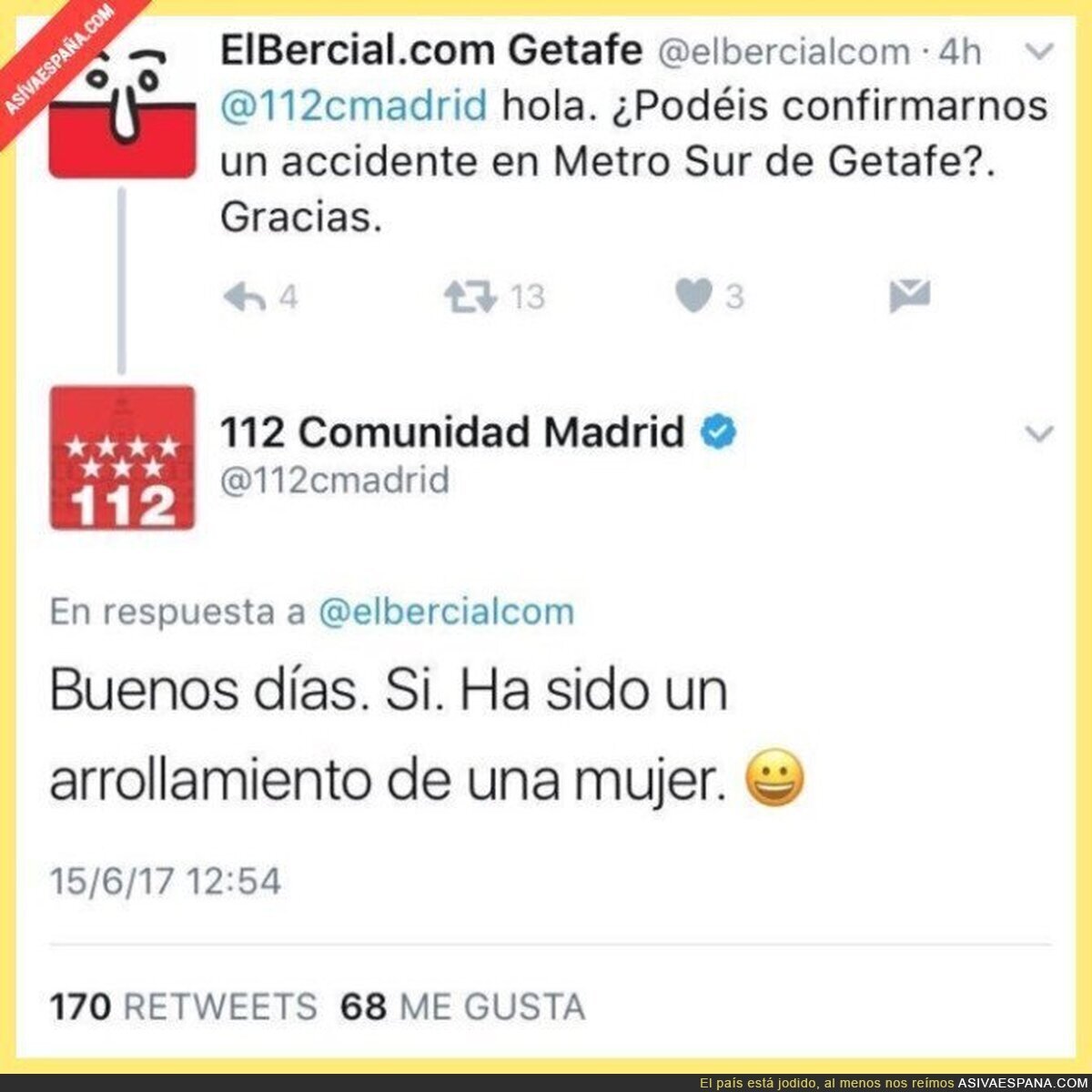 El CM del 112 en Madrid la lía con un emoticono poco apropiado al responder a esta persona
