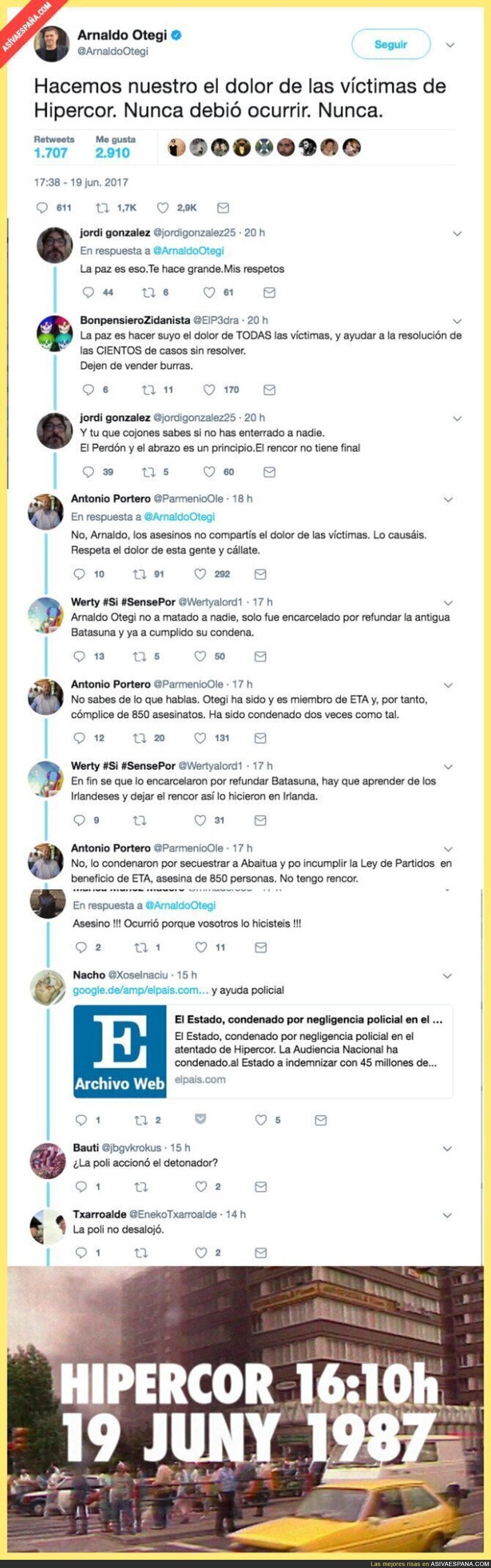 Otegi condena el atentado de Hipercor en su 30 aniversario y se lía en Twitter