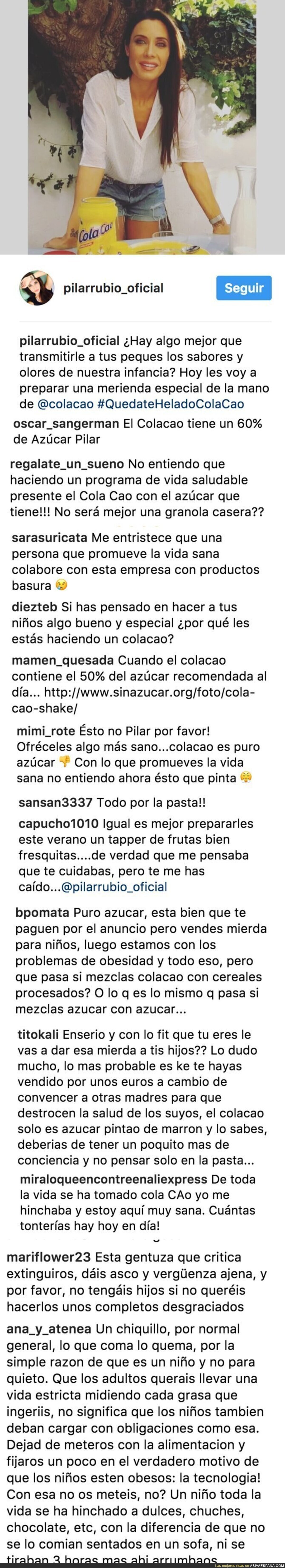 El Instagram de Pilar Rubio se llena de todas estas críticas por promocionar Cola Cao para los niñ