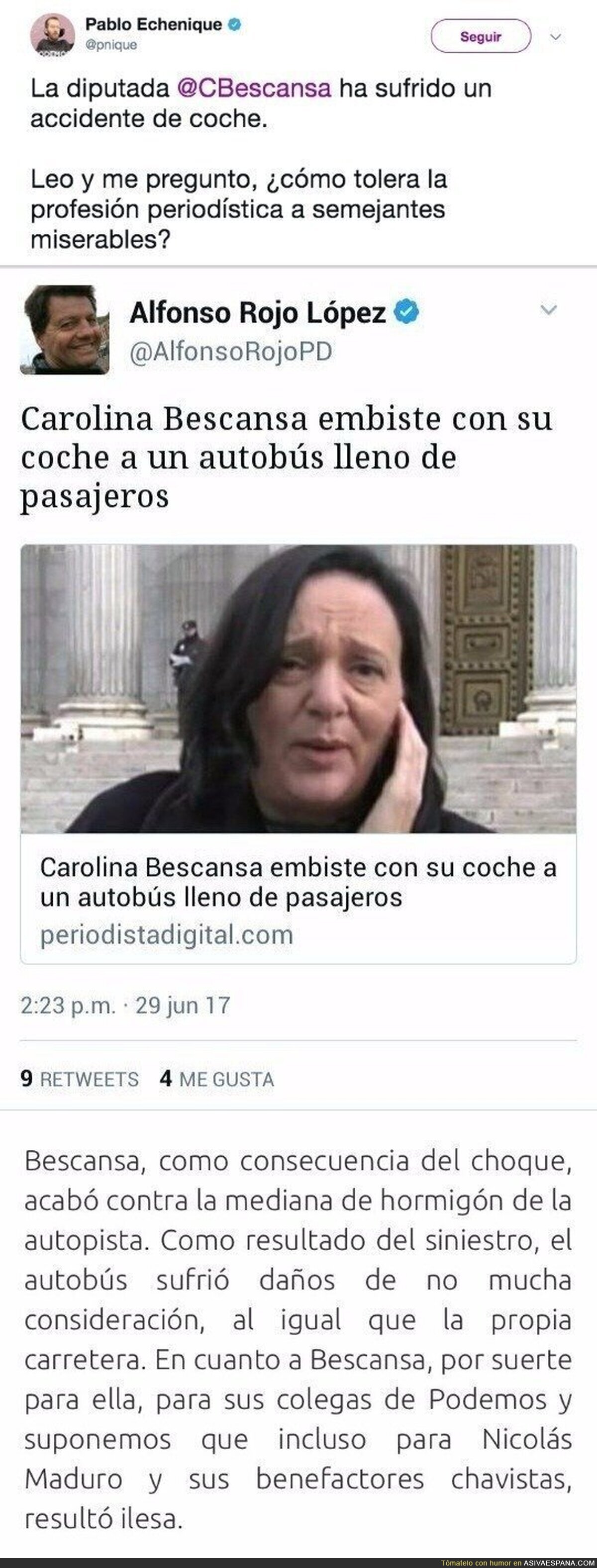Carolina Bescansa ha sufrido un accidente y un periódico es capaz de escribir estas miserias de ella