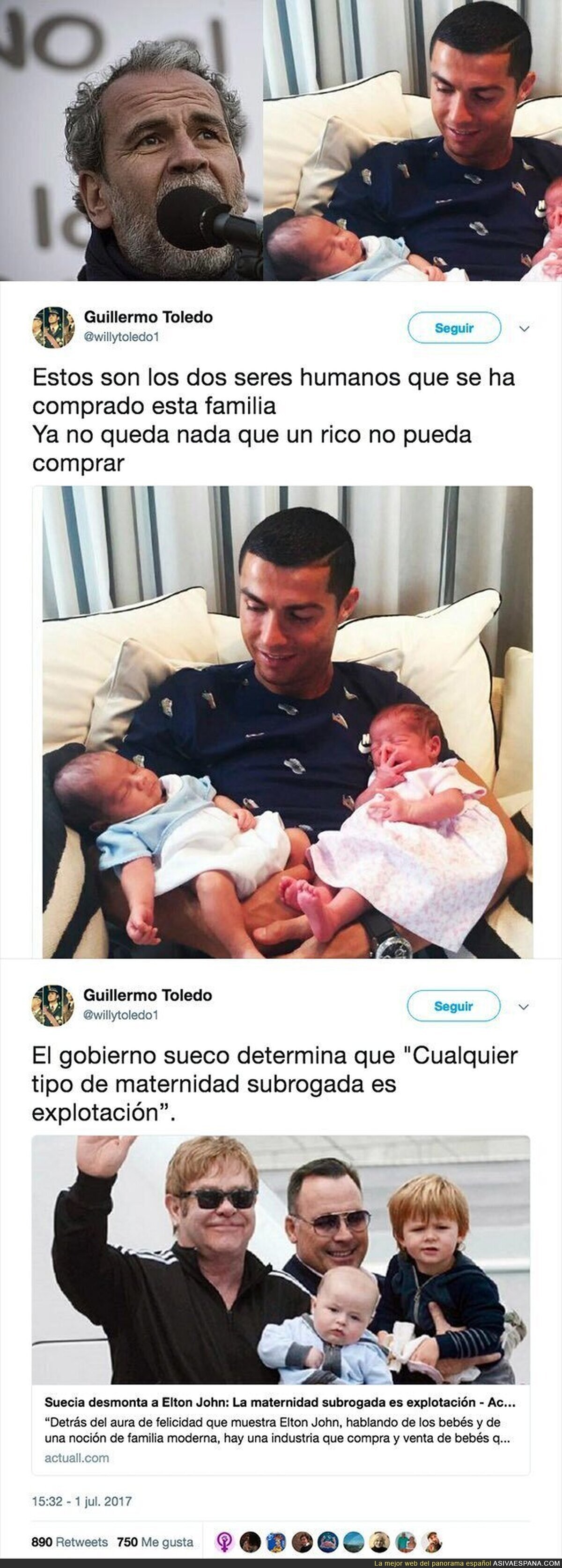 La dura crítica de Willy Toledo a Cristiano Ronaldo tras comprarse dos hijos