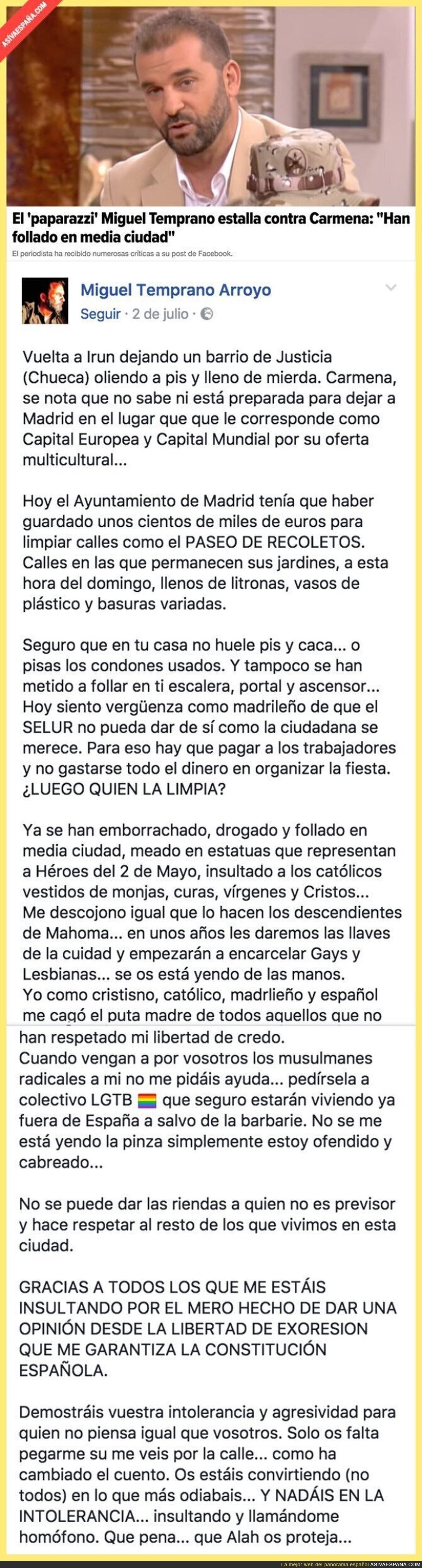 Las polémicas palabras de Miguel Temprano contra Manuela Carmena por la celebración del World Pride