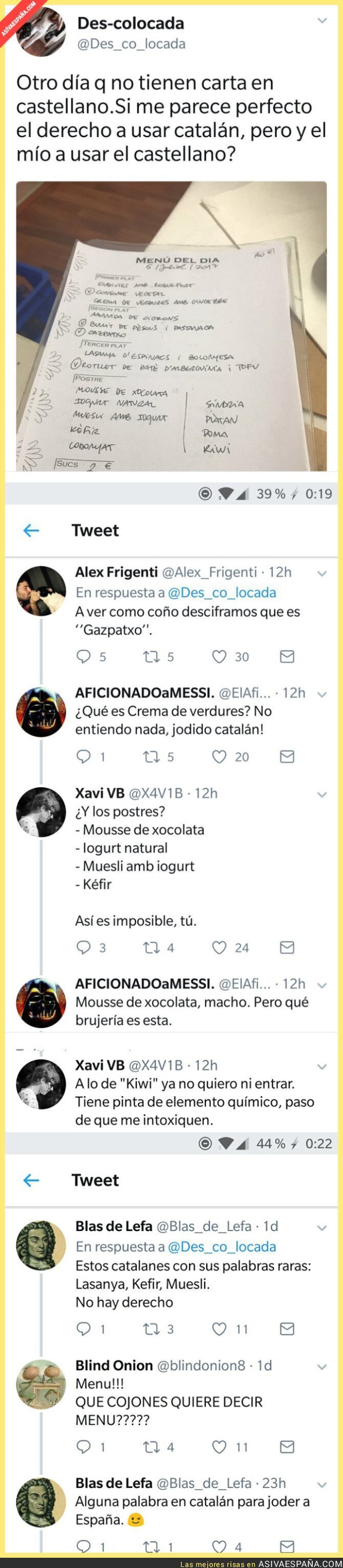 Se queja de un menú de restaurante porque está en catalán y Twitter no tarda en reírse de ella