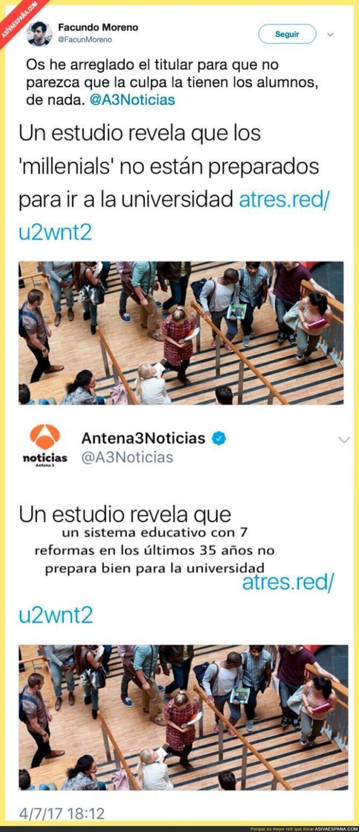 Antena 3 culpabilizando a los alumnos del problema real