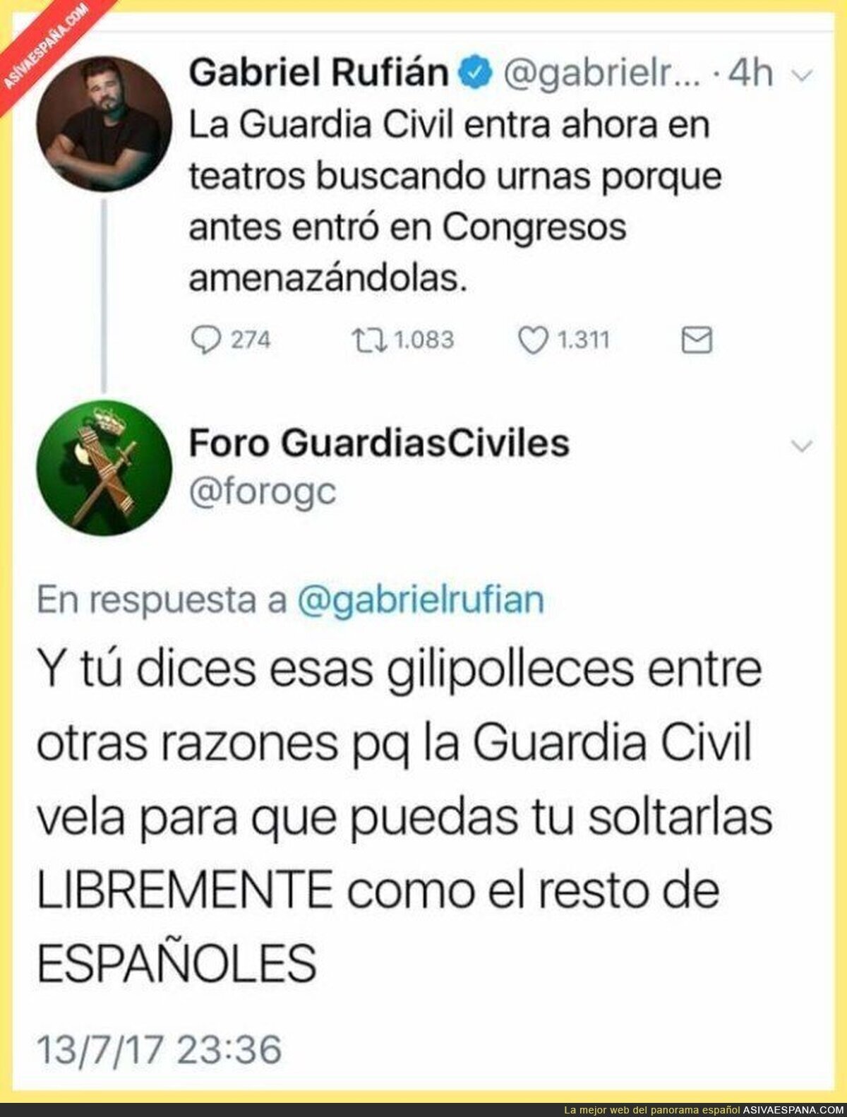 La Guardia Civil respondiendo con chulería a Gabriel Rufián tras este mensaje