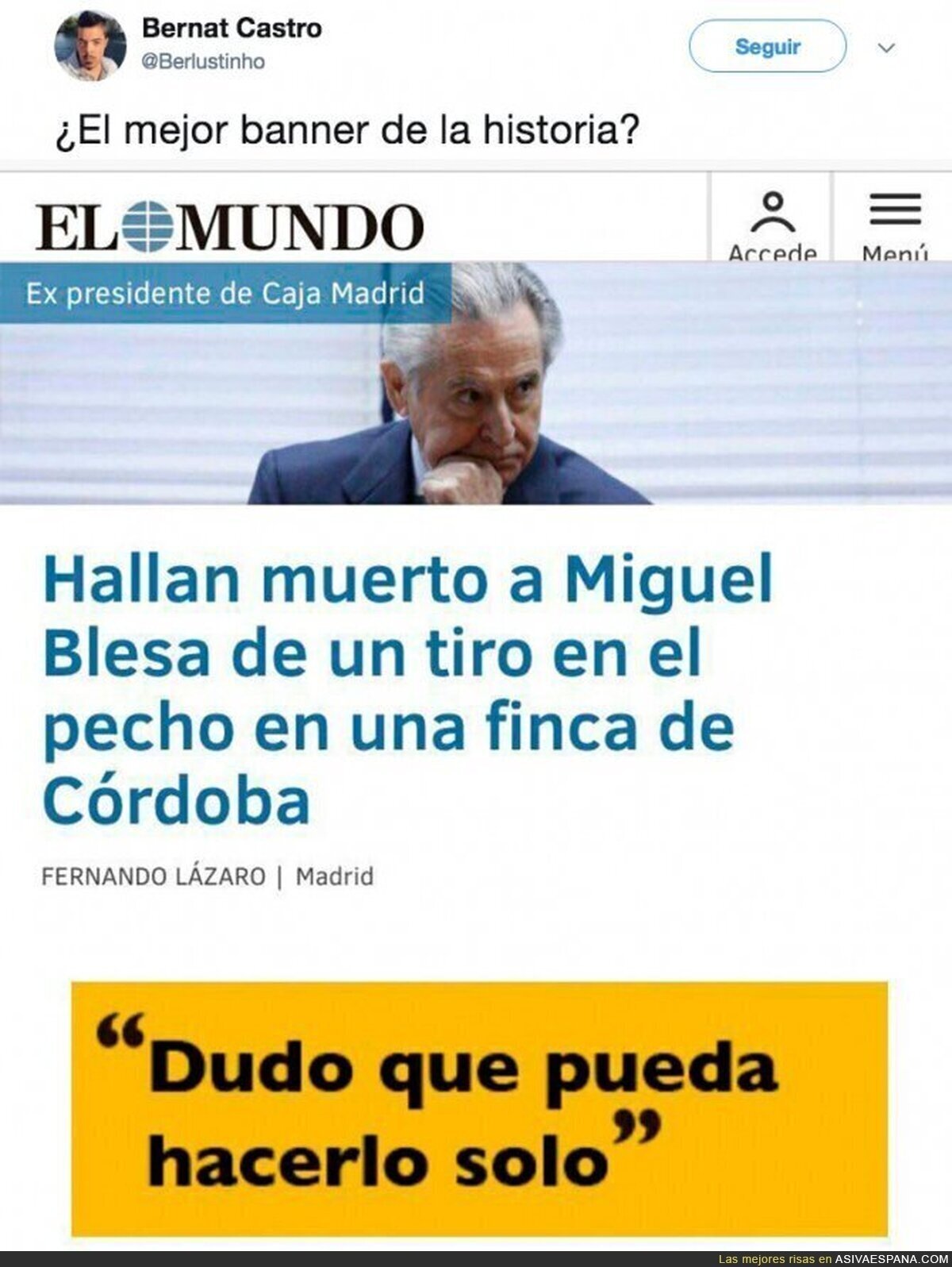 El polémico banner que acompaña en 'El Mundo' a la noticia de la muerte de Miguel Blesa