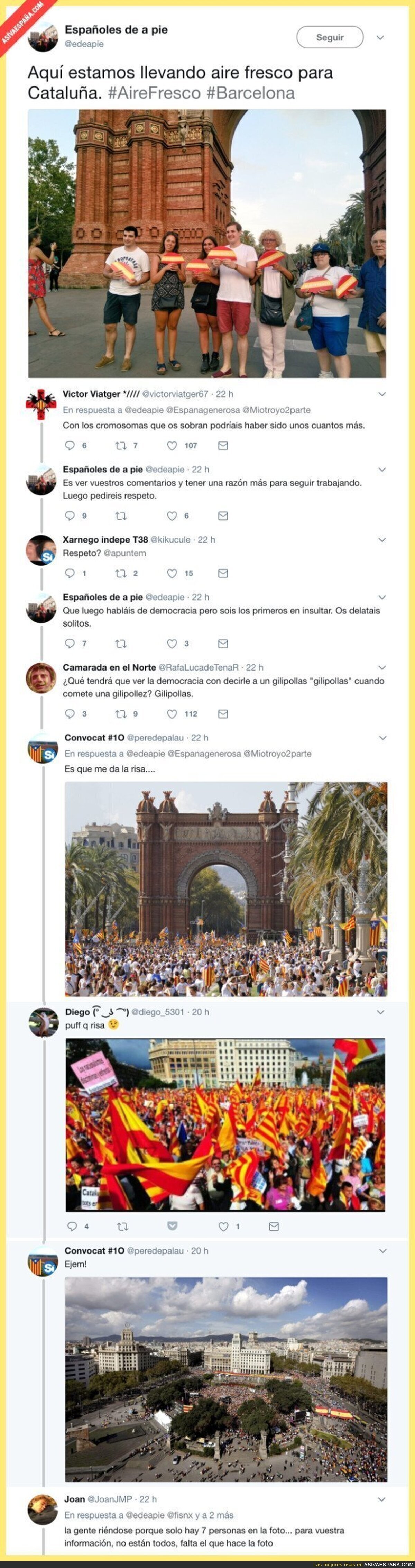 Suben esta foto en el Arc de Triomf de Barcelona con banderas de España y son la burla en Twitter