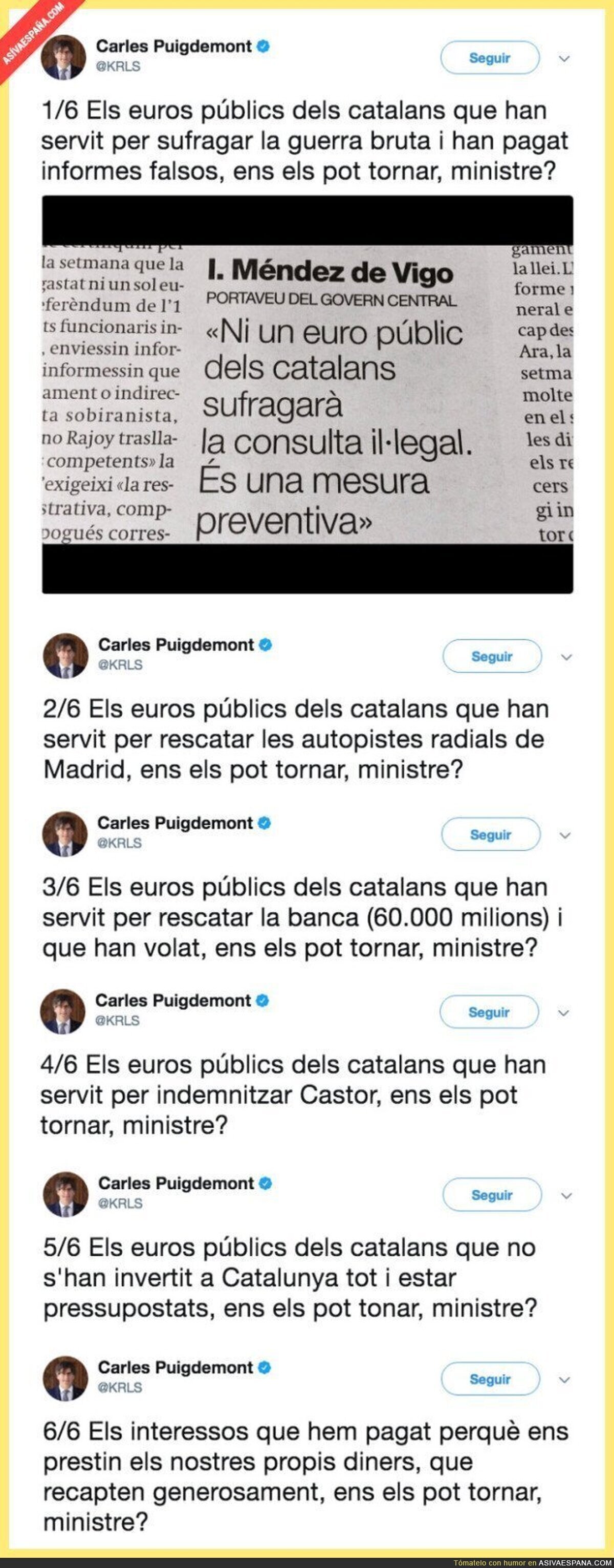 La contundente respuesta de Carles Puigdemont al ministro Méndez de Vigo