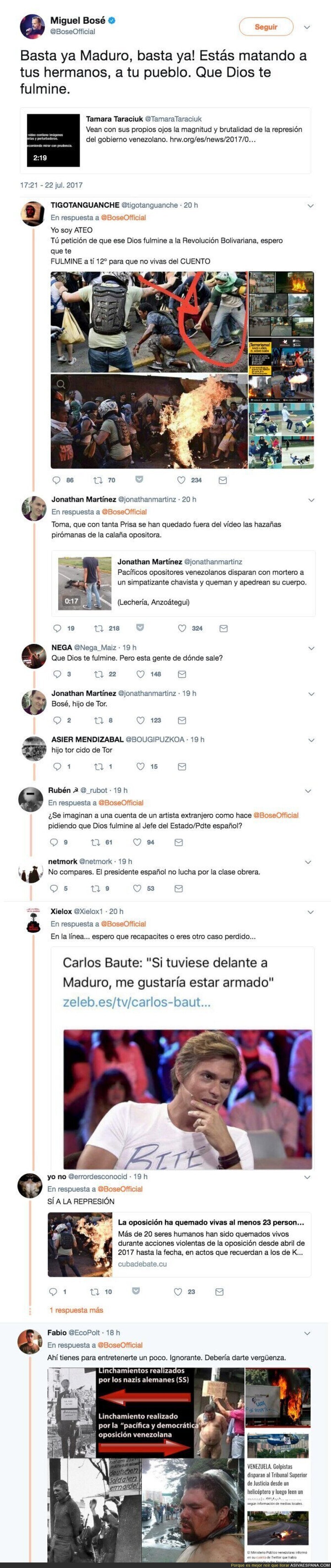 Miguel Bosé pide que Dios fulmine a Maduro y Twitter le recuerda las cosas que hace la oposición