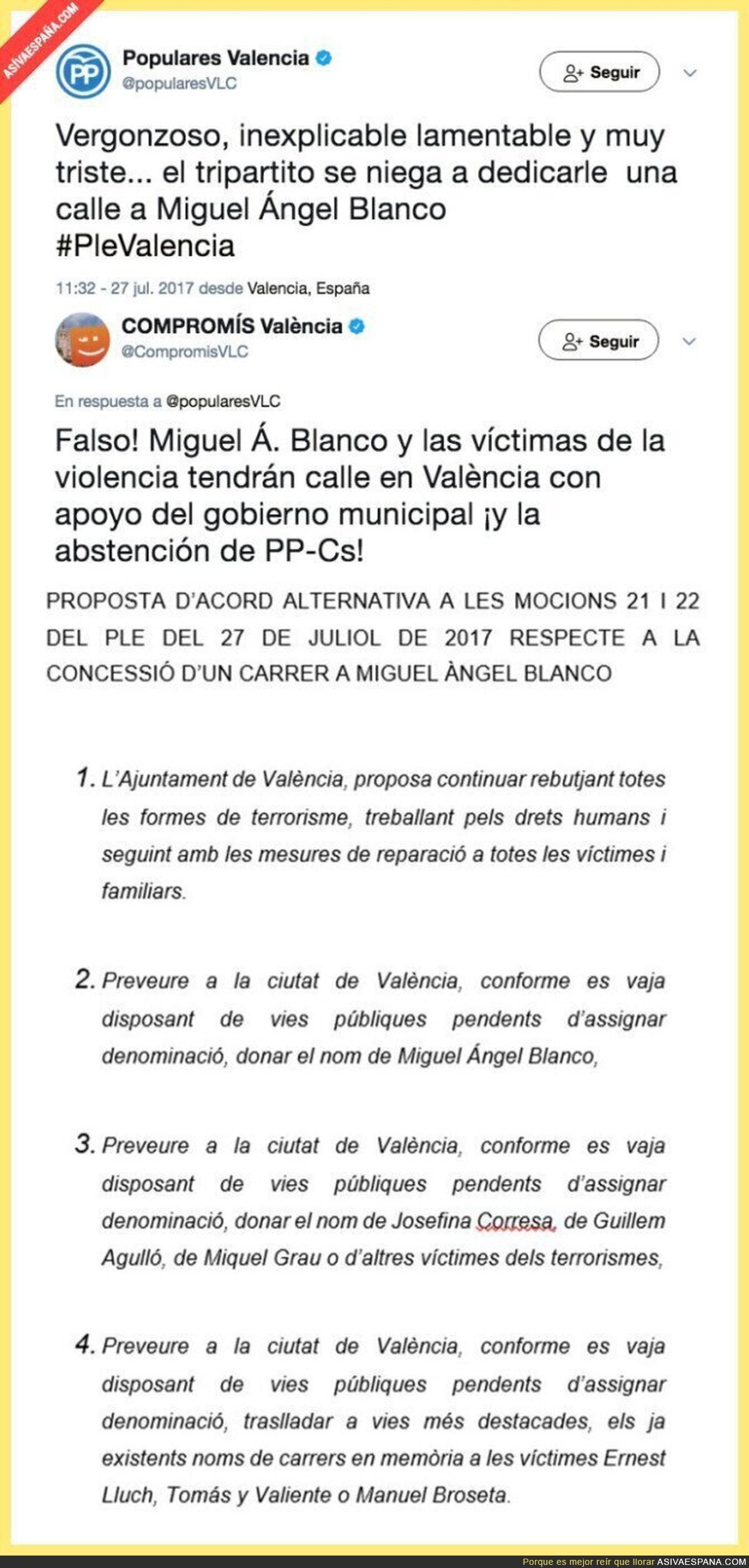 TREMENDO: PP acusa de no dedicarle una calle a Miguel Ángel Blanco en Valencia y recibe un ZASCA