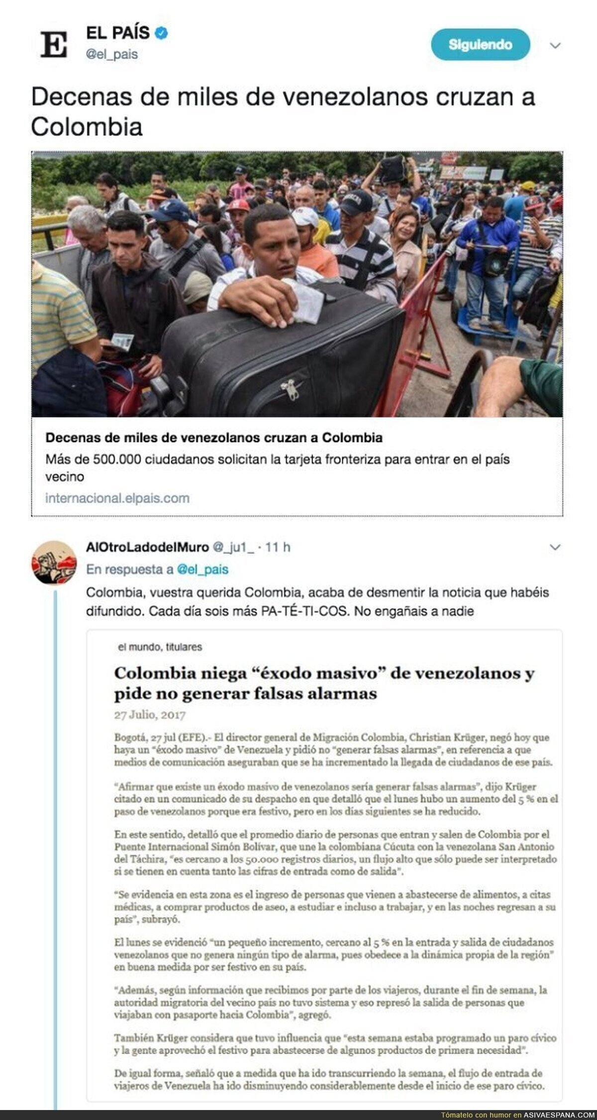 Colombia desmiente a "El País" diciendo que miles de venezolanos están cruzando para Colombia