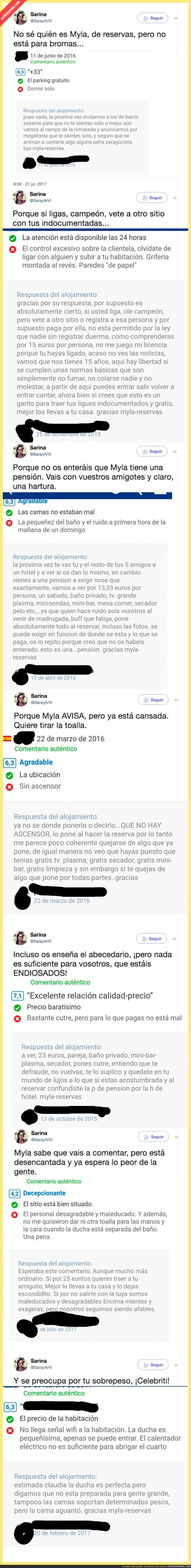 Myla, la auténtica sensación en internet por responder así a las críticas de su alojamiento