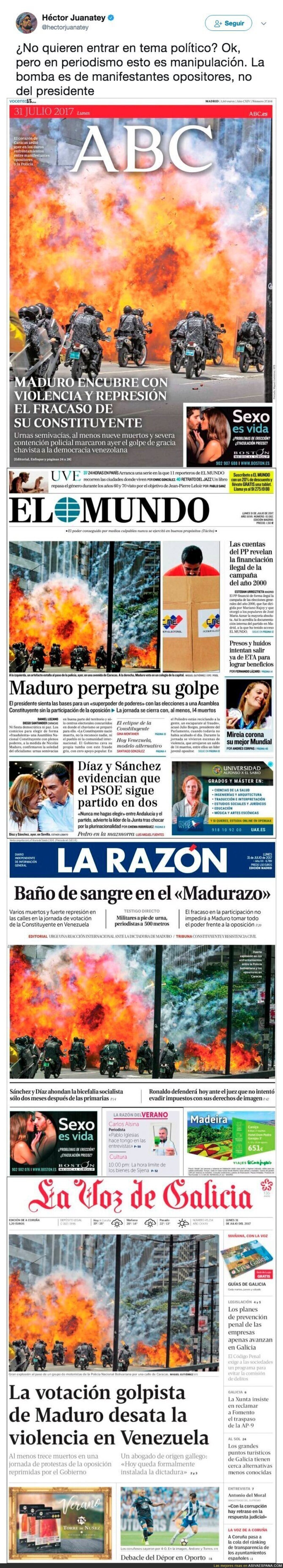 Todos los medios en España manipulan un atentado terrorista de los opositores venezolanos