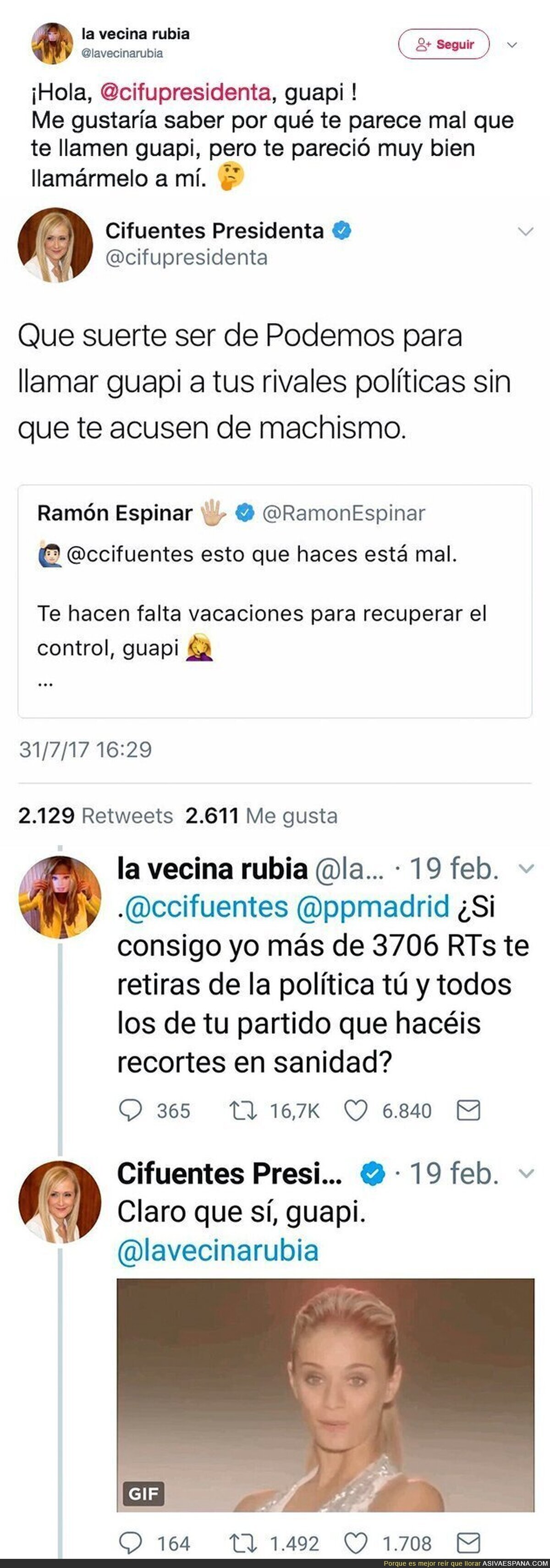 'La vecina rubia' le pega un ZASCA a Cristina Cifuentes tras este tuit a Ramón  Espinar
