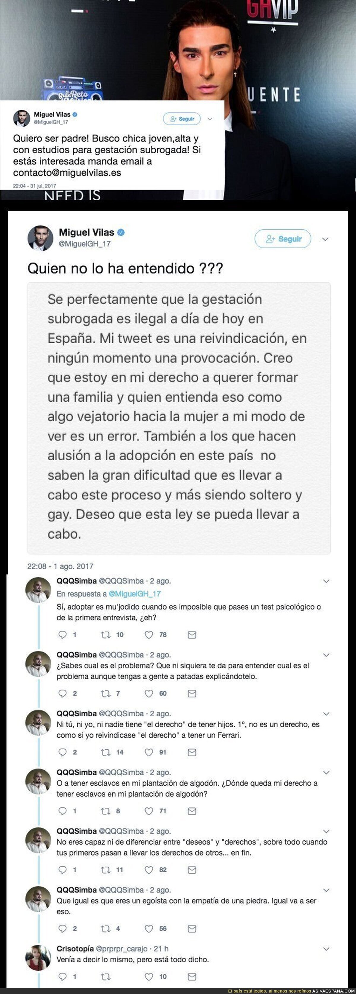 La explicación de Miguel de GH tras su polémico mensaje pidiendo un niño a la carta en Twitter