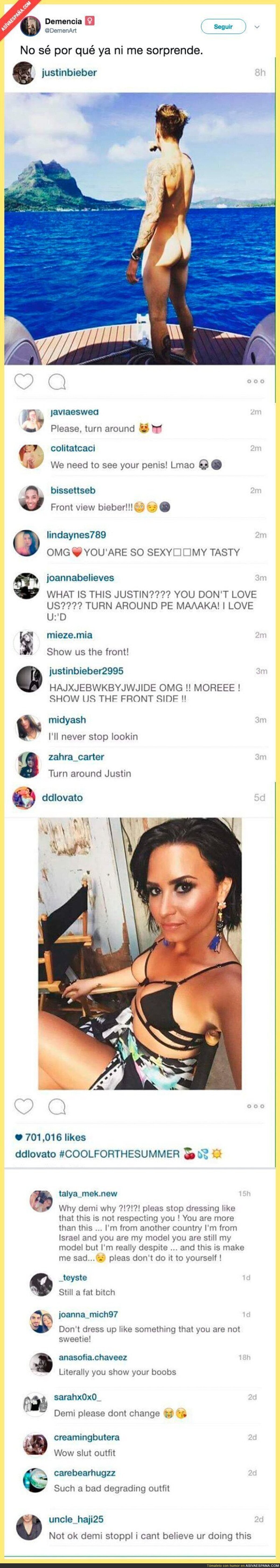 La diferencia de comentarios que recibe Justin Bieber totalmente desnudo y otra foto de Demi Lovato