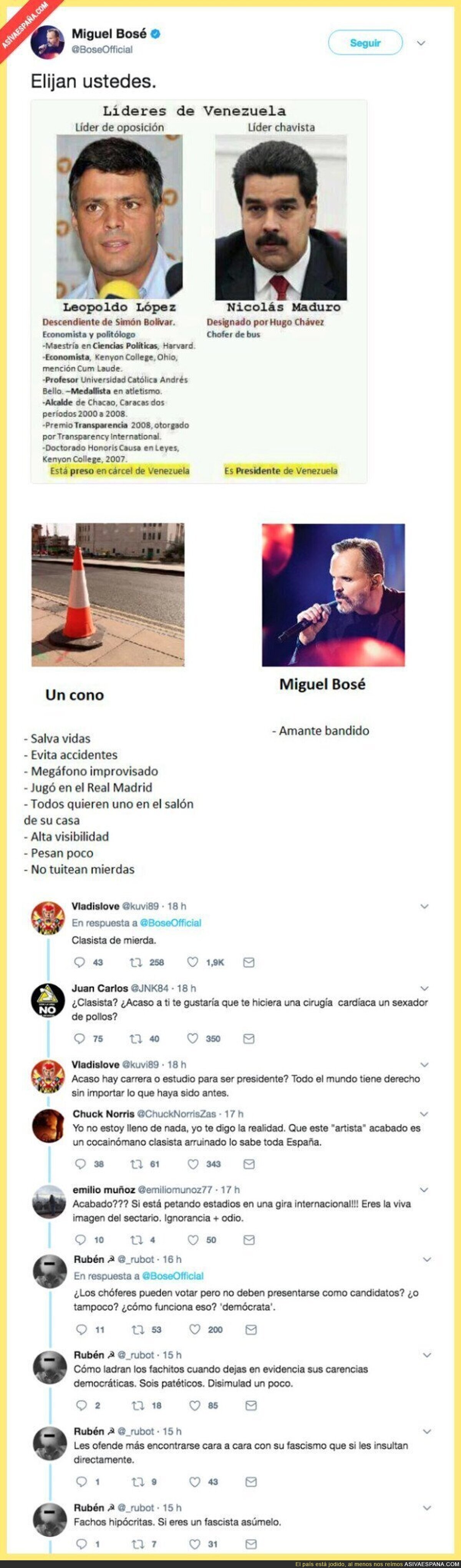 Miguel Bosé la lía comparando así a Leopoldo López y Nicolás Maduro
