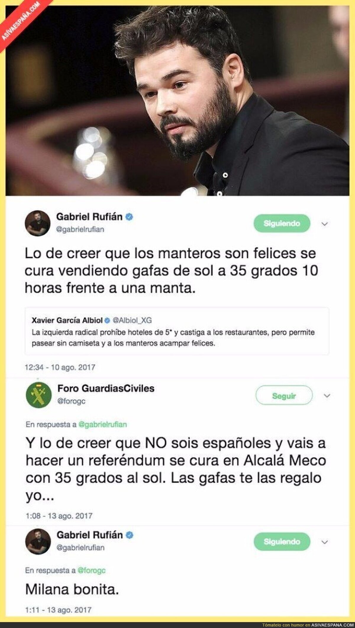 La tremenda respuesta amenazante de unos Guardias Civiles a Gabriel Rufián tras este mensaje en Twit