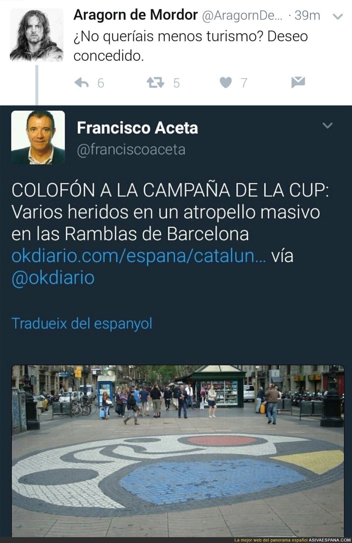 El odio anticatalanista en estos dos tuits tras el atentado terrorista en Barcelona