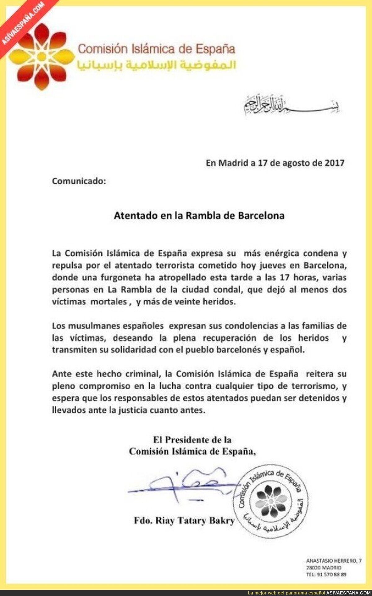 El mensaje de la Comisión Islámica de España tras el atentado en Barcelona