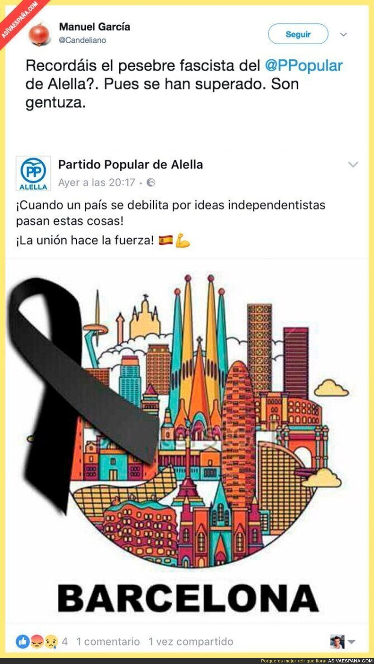 El lamentable mensaje del Partido Popular de Alella tras los atentados de Barcelona