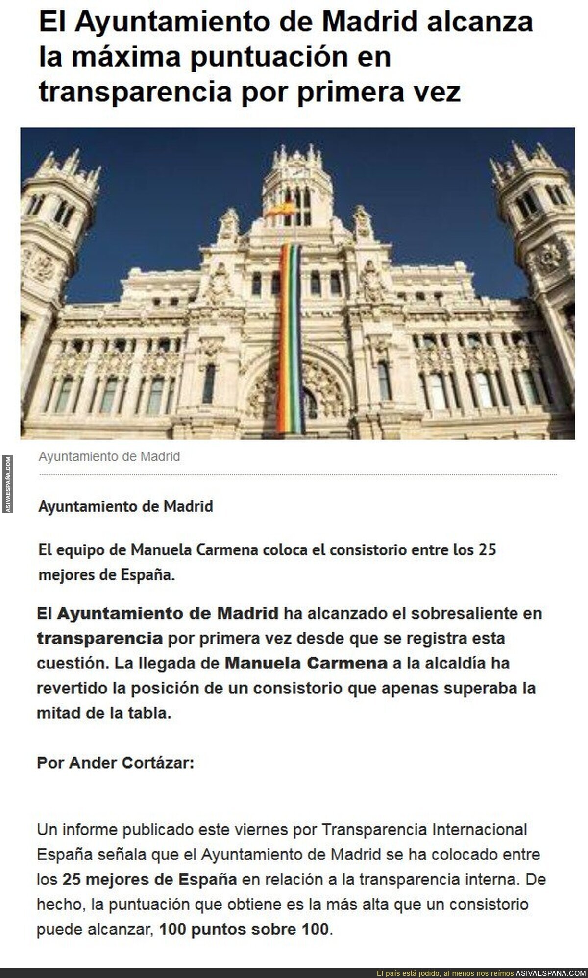 Ayuntamiento de Madrid sobresaliente en transparencia
