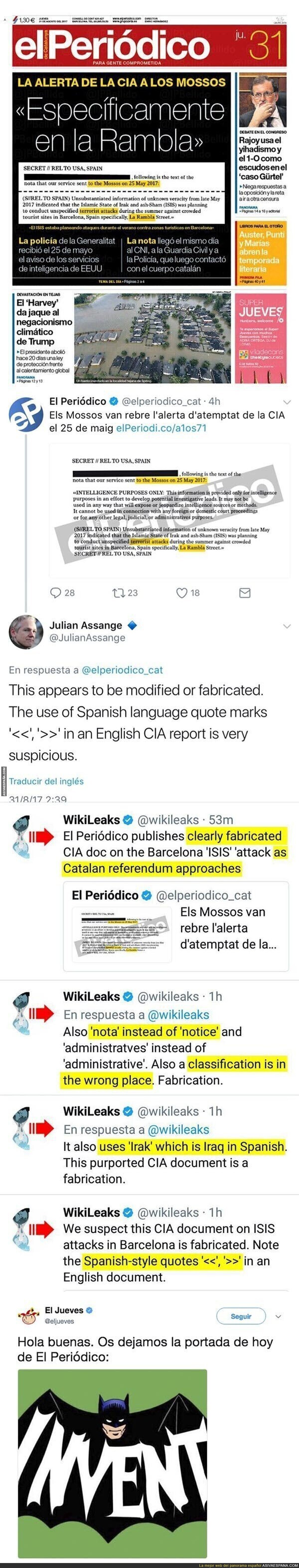 'El Periódico' saca una nota de la CIA sobre las Ramblas y Wikileaks le desmiente