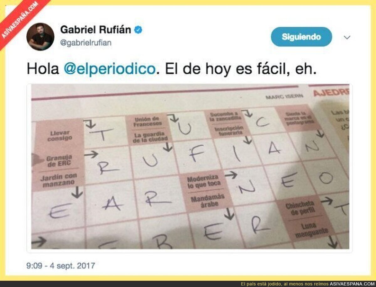 Gabriel Rufián denuncia la definición que 'El Periódico' le ha dedicado en un crucigrama