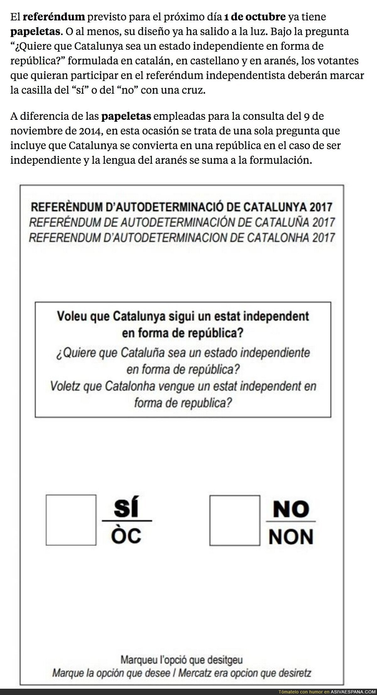 Así será la la papeleta para votar en el referéndum del 1-O por la independencia de Catalunya