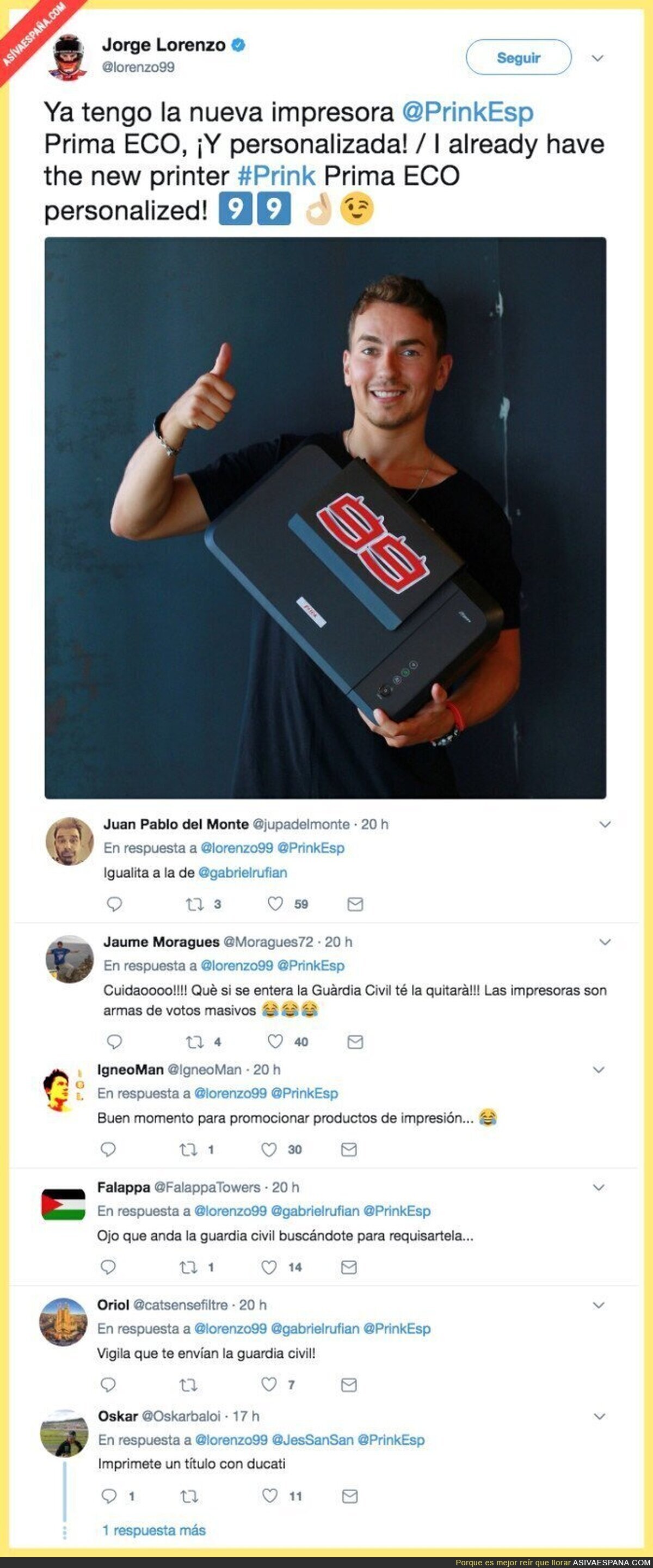 Jorge Lorenzo anuncia una impresora por Twitter y todo el Mundo comenta lo mismo